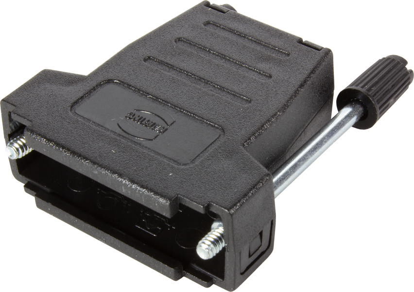 Schwarzer, rechteckiger Adapterstecker mit sichtbaren Schrauben und Metallstift an der rechten Seite, zur sicheren Kabelverbindung.