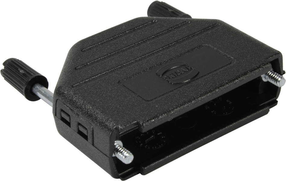 Schwarzgehäuse mit zwei seitlichen Schraubbefestigungen und geriffelter Oberfläche, vermutlich für einen elektronischen Stecker.