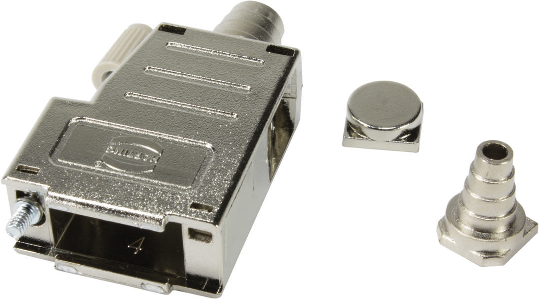 Ein metallischer Steckverbinder mit zwei abschraubbaren Teilen ist abgebildet. Der Hauptstecker hat eine rechteckige Form mit einer seitlichen Schrauböffnung.