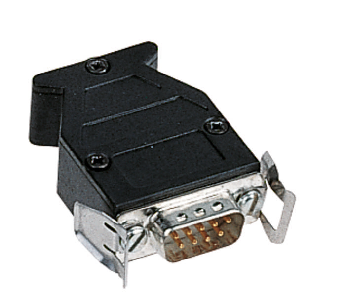 Ein schwarzer, rechteckiger Adapter mit einem VGA-Anschluss auf der Vorderseite und Schrauben zur Befestigung an den Seiten.