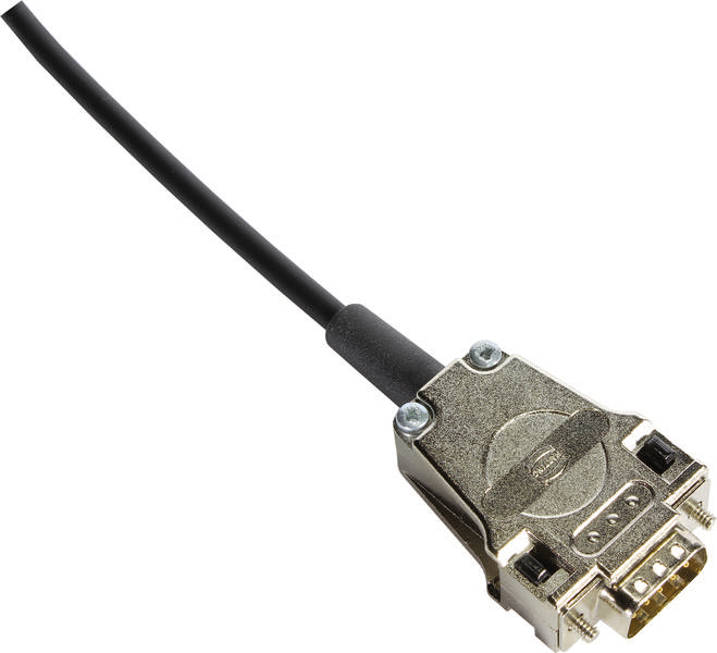 Ein VGA-Kabelstecker mit schwarzem Kabel ist abgebildet. Der Stecker hat mehrere Pins und eine Metallhülle für die Verbindung mit einem Gerät.