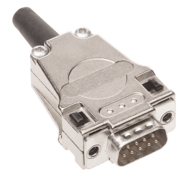 Ein serieller DB9-Stecker mit Metallgehäuse. Er dient häufig zur Datenübertragung zwischen Computern und externen Geräten.