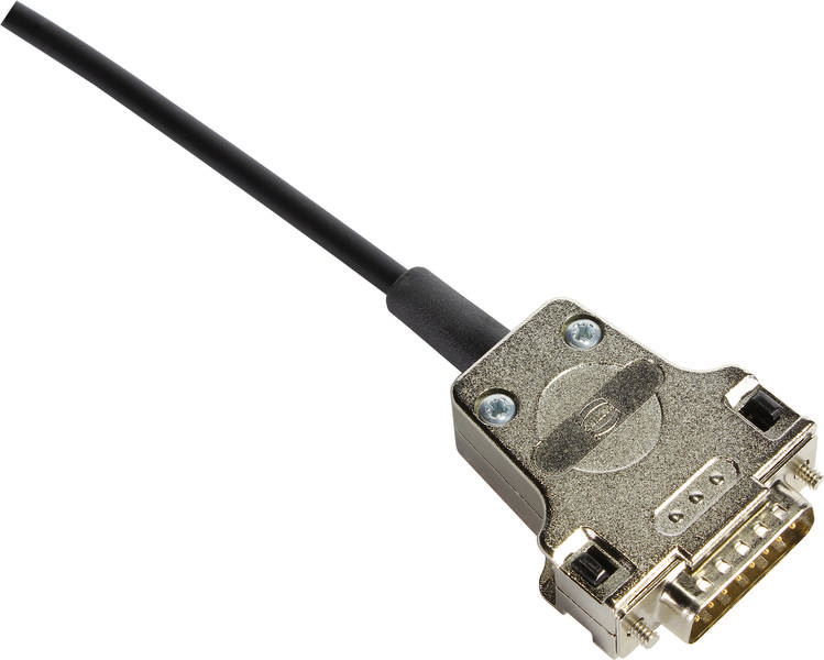 Ein VGA-Kabel mit einem silbernen Stecker, der an einem schwarzen Kabel befestigt ist, zum Anschluss von Displays an Computer.