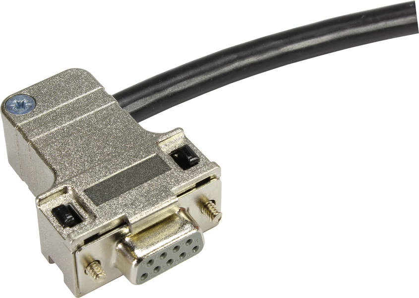 Silberner VGA-Stecker mit schwarzem Kabel. Der Stecker hat 9 Pins in drei Reihen und wird zur Verbindung von Videoquellen genutzt.