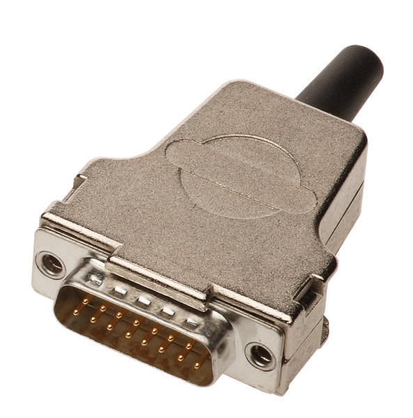 Ein silberner 15-poliger D-Sub-Stecker, häufig in elektronischen Geräten verwendet, zeigt die Steckverbindung mit Metallgehäuse.