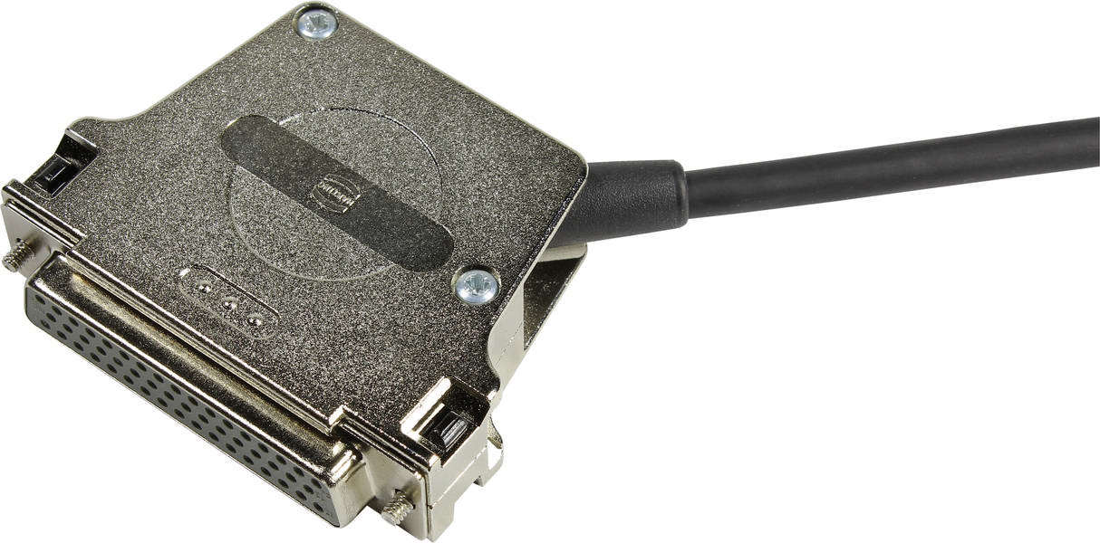 Ein D-Sub-Stecker mit einem Kabel verbunden, möglicherweise für den Anschluss von Druckern oder älteren Computern.