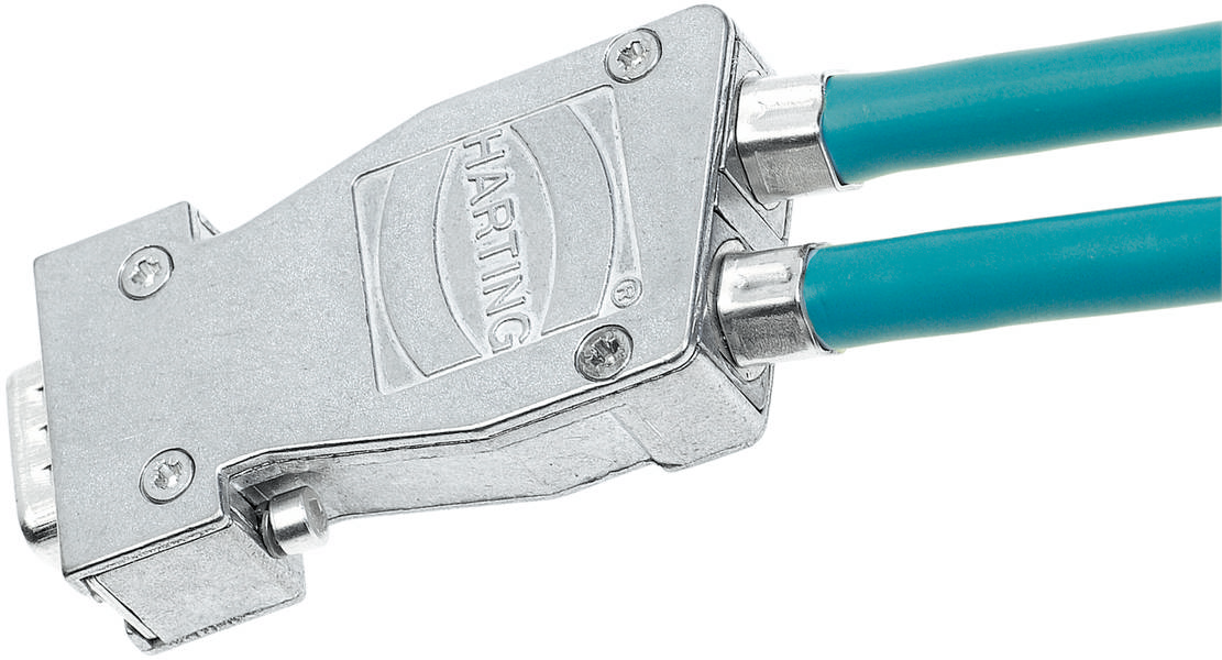 Ein silberfarbener Steckverbinder mit dem Logo 'HARTING', an den zwei türkisfarbene Kabel angeschlossen sind.