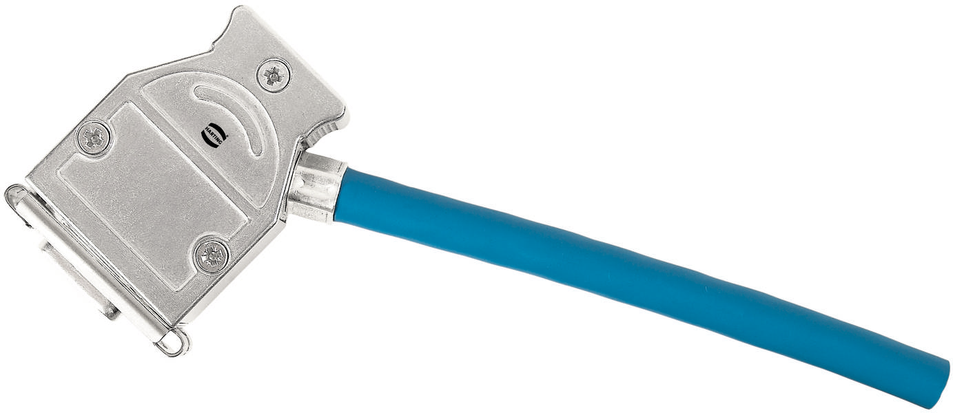 Ein blauer Kabelstecker mit Metallanschluss, möglicherweise für technische oder elektronische Verbindungen verwendet.