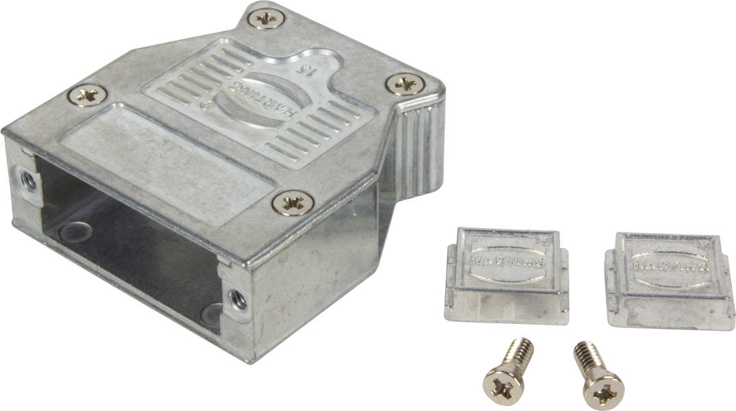 Metallgehäuse für Steckerverbindungen mit zwei Schrauben und Abdeckungen.