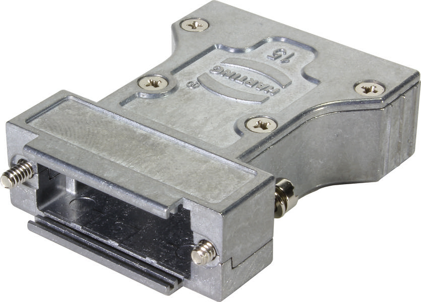 Metallischer Anschlussstecker, rechteckige Form, mit Schrauben zur Befestigung. Oberseite zeigt Marke und Seriennummer.
