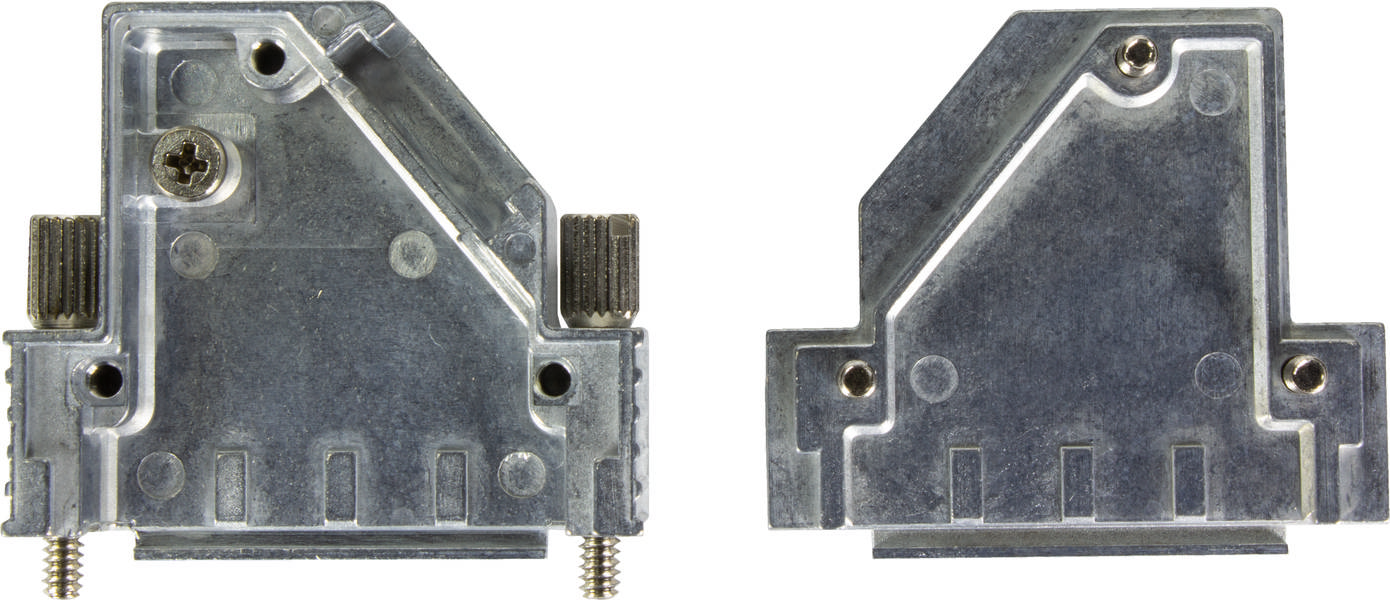Zwei Gehäuseteile aus Metall, die für die Verbindung von elektronischen Bauteilen verwendet werden. Sie haben Schrauben zur Befestigung.