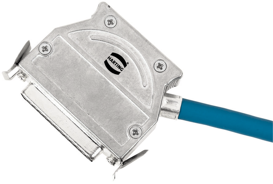 Metallstecker mit rautenförmigem Gehäuse und blauer Kabelverbindung, markiert mit 'HARTING' auf der Oberseite.