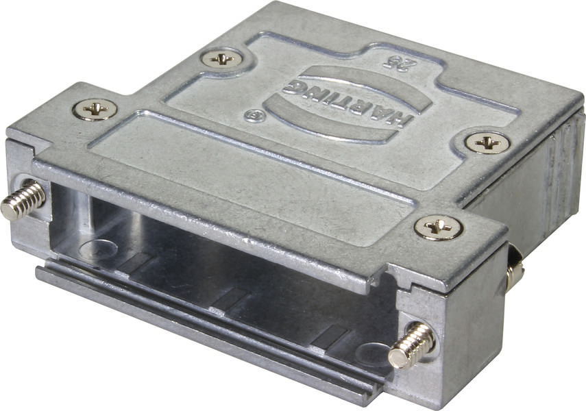 Grau-metallischer, rechteckiger Steckverbinder ohne Kabel, mit sichtbar erhabener Markierung und zwei seitlichen Schrauben.