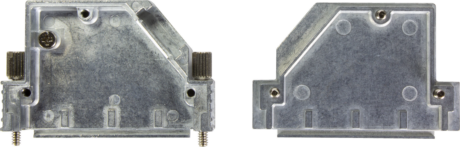 Zwei graue Metallteile mit rechteckiger Form und sichtbaren Schraubenlöchern, nebeneinander auf weißem Hintergrund.