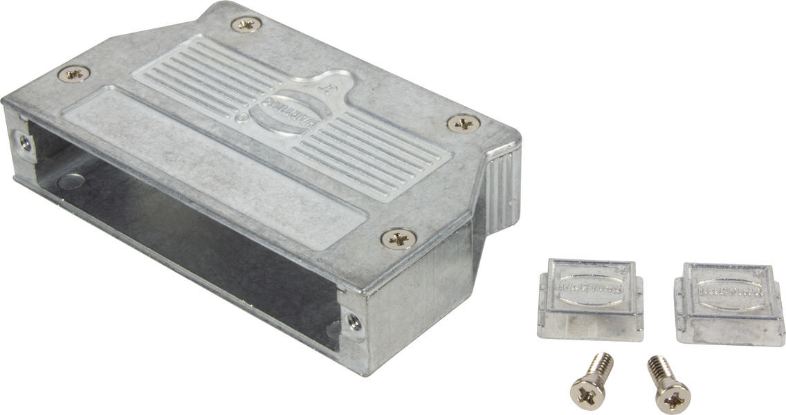 Metallgehäuse mit offenem Vorderteil. Zwei kleine Abdeckungen und Schrauben daneben. Verwendet für elektrische Anwendungen.