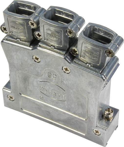 Metallener dreipoliger Stecker mit robustem Gehäuse, geeignet für industrielle Anwendungen.