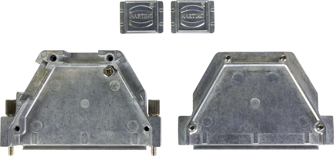 Zwei graue, rechteckige Metallgehäuse und zwei kleinere, ähnliche Teile oben. Die Gehäuse haben Schrauben und sind für elektrische Verbindungen gedacht.