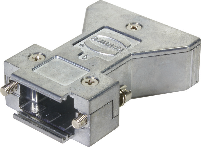 Metallischer VGA-Adapter mit Schrauben zur Befestigung. Rechteckige Form mit einem Anschlussende für einen Display-Stecker.