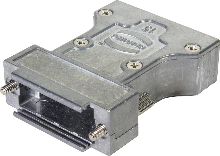 Metallischer Steckverbindergehäuse mit mehreren Schrauben und einem rechteckigen Anschluss. Verwenden für elektrische Verbindungen.