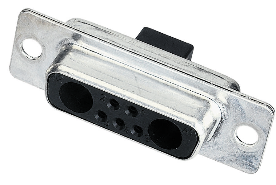 Ein rechteckiger, metallischer Steckverbinder mit mehreren runden Steckplätzen, an zwei Befestigungslaschen montiert.