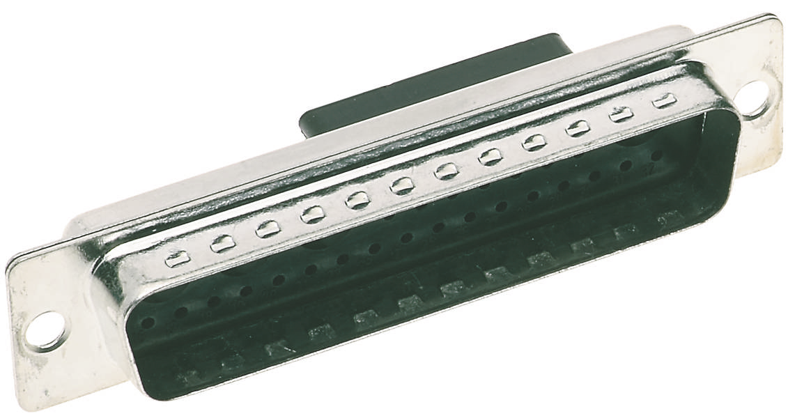 Ein 25-poliger D-Sub-Stecker in Metallgehäuse. Häufig verwendet für serielle Schnittstellenverbindungen oder Druckeranschlüsse.