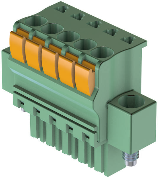 Grüner elektrischer Anschlussblock mit mehreren Klemmen und orangefarbenen Hebeln, geeignet für Leiterplattenverbindungen.
