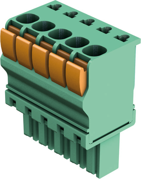 Ein grüner Steckverbinder mit sechs orangefarbenen Klemmen. Der Klemmenblock ist für elektrische Verbindungen konzipiert.