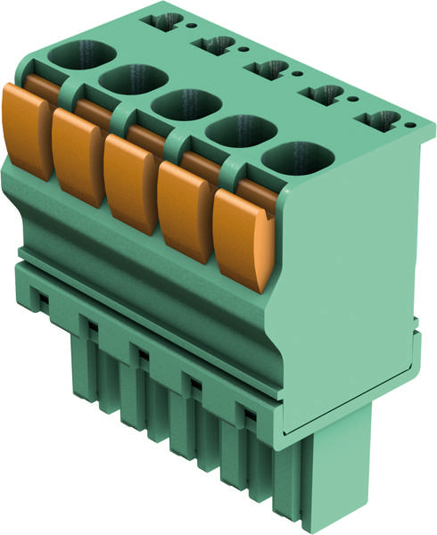 Elektrischer Steckverbinder, grün-orange, mit mehreren Anschlüssen, für die Verbindung von Kabeln in elektronischen Geräten.