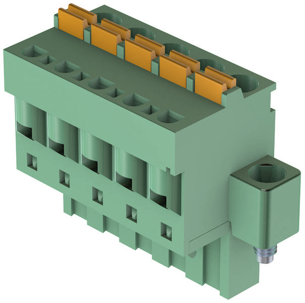 Grüner elektrischer Steckverbinder mit mehreren Steckplätzen und orangefarbenen Clips. Kompakt und industriell gestaltet.