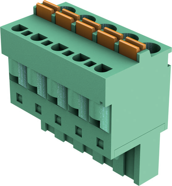 Grüner elektrischer Verbinder mit orangefarbenen Kontakten, sechs Anschlusspunkte. Er dient zur Verbindung von Kabeln in elektrischen Anwendungen.