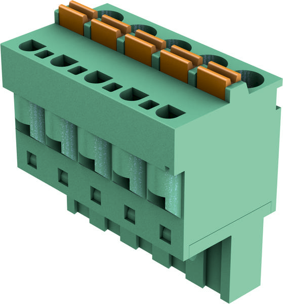 Grüner Steckverbinder mit sechs Anschlussklemmen, oberer Teil in Orange. Elektronisches Bauteil, seitlich gesehen.