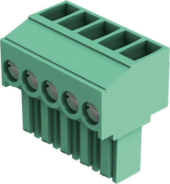 Grüne Steckverbindung mit fünf Anschlüssen, verwendet in elektronischen Schaltkreisen für die Verbindung von Leitungen.