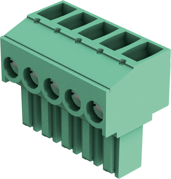 Grüner elektrische Steckverbinder mit sechs Steckplätzen für Leitungen, verwendet in elektronischen Schaltungen zur Verbindung von Kabeln.