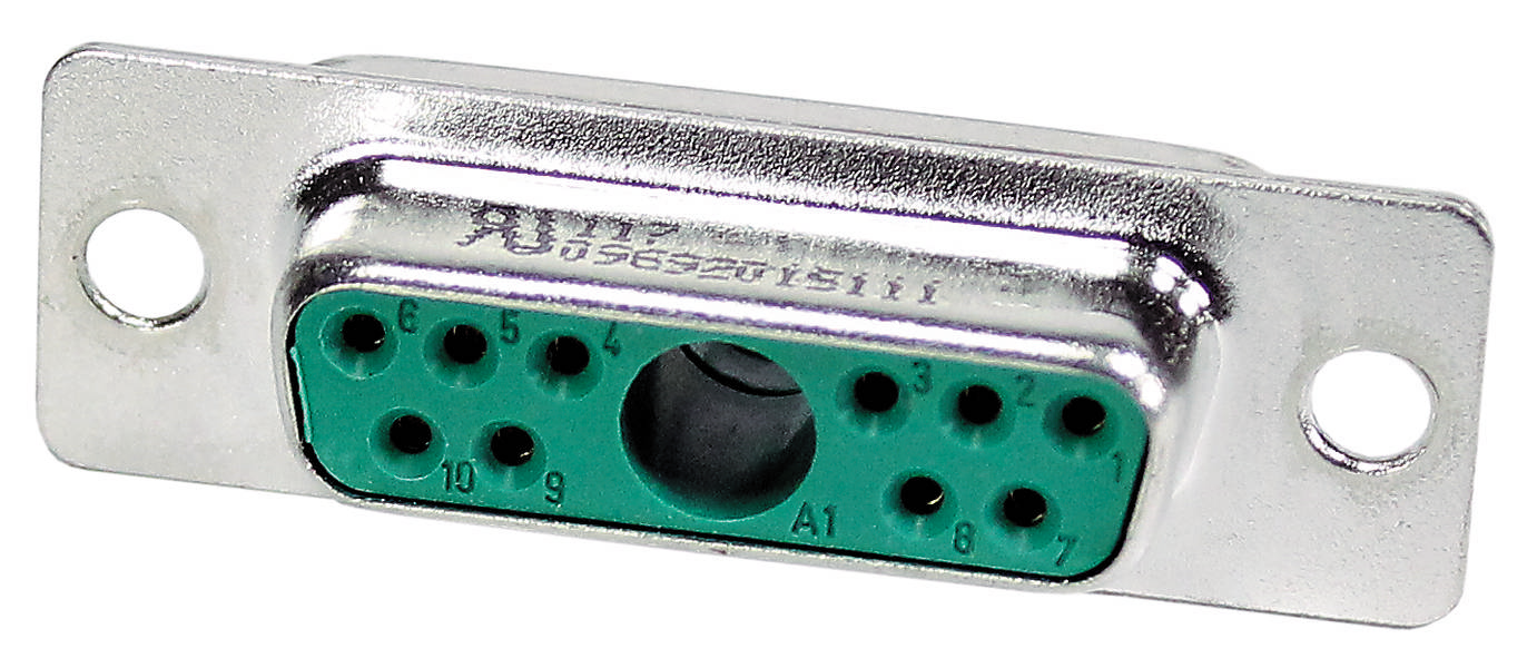 Ein 9-poliger D-Sub-Steckverbinder mit Metallgehäuse, oft für serielle Schnittstellen oder Computeranschlüsse verwendet.