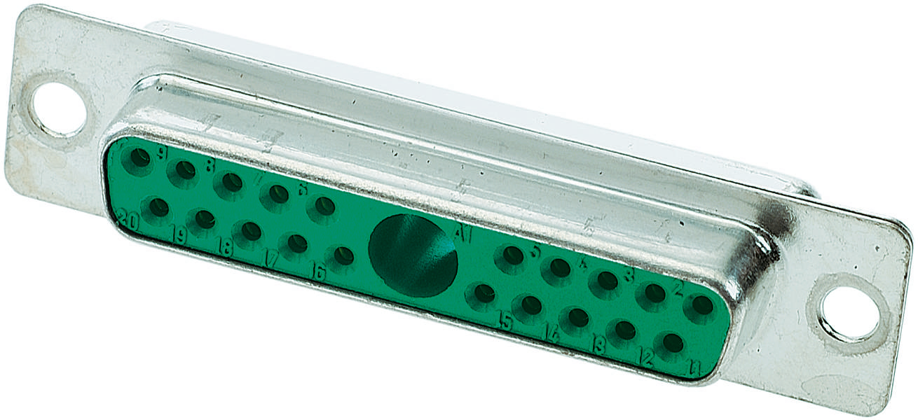 Ein metallischer D-Sub-Stecker mit 15 Pins, grünem Kunststoffträger, in rechteckiger Form. Verwendet für Computer- oder Videoverbindungen.