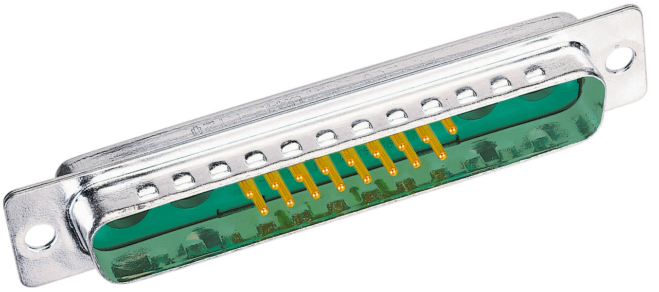 Ein metallischer Steckanschluss mit zwei Reihen von Pins, wahrscheinlich ein serieller oder paralleler Port für technische Geräte.