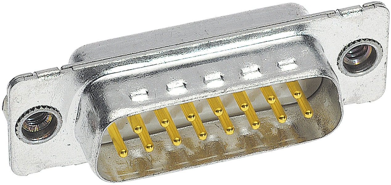 Ein silberner D-Sub-Stecker mit mehreren goldenen Stiften zeigt die Vorderseite für Verbindungen in elektronischen Geräten.