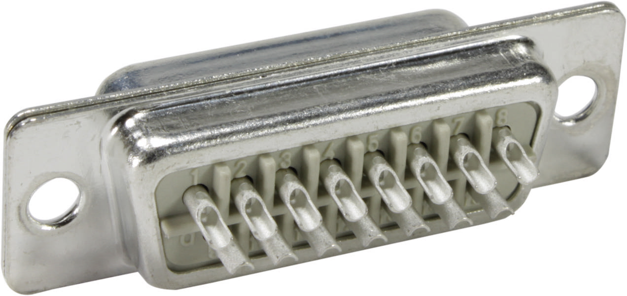 Metallischer D-Sub-Stecker mit neun Stiften, zur Verwendung in elektronischen Geräten für Datenübertragung oder Stromversorgung.