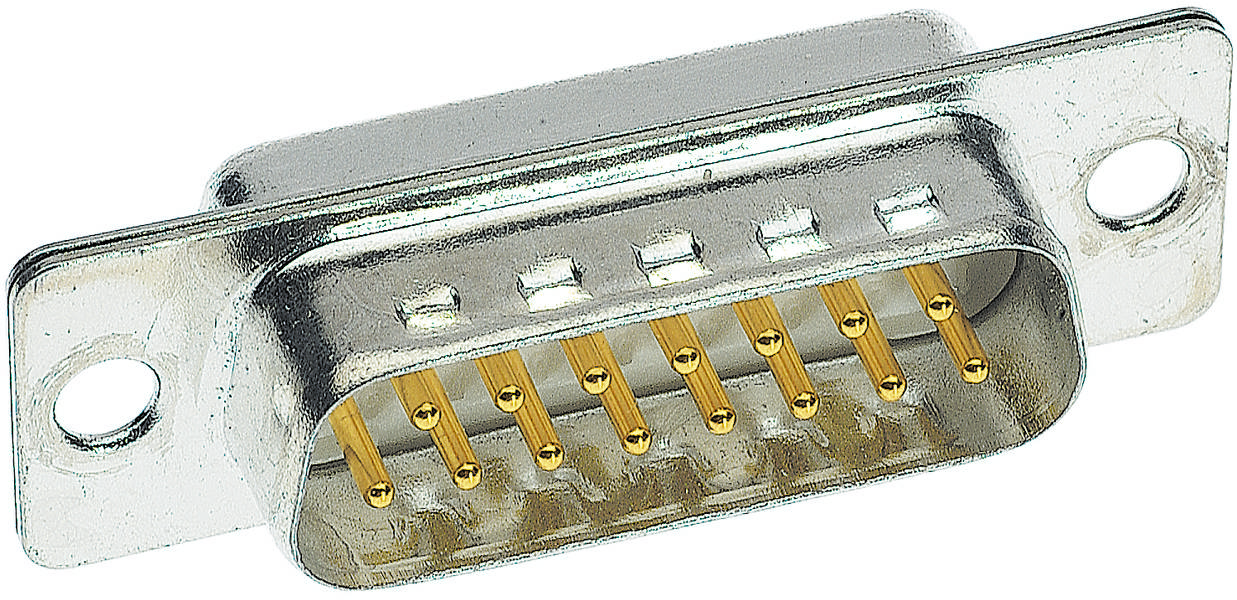 Ein silberner, rechteckiger D-Sub-Stecker mit neun goldenen Pins, geeignet für serielle Schnittstellenverbindungen.