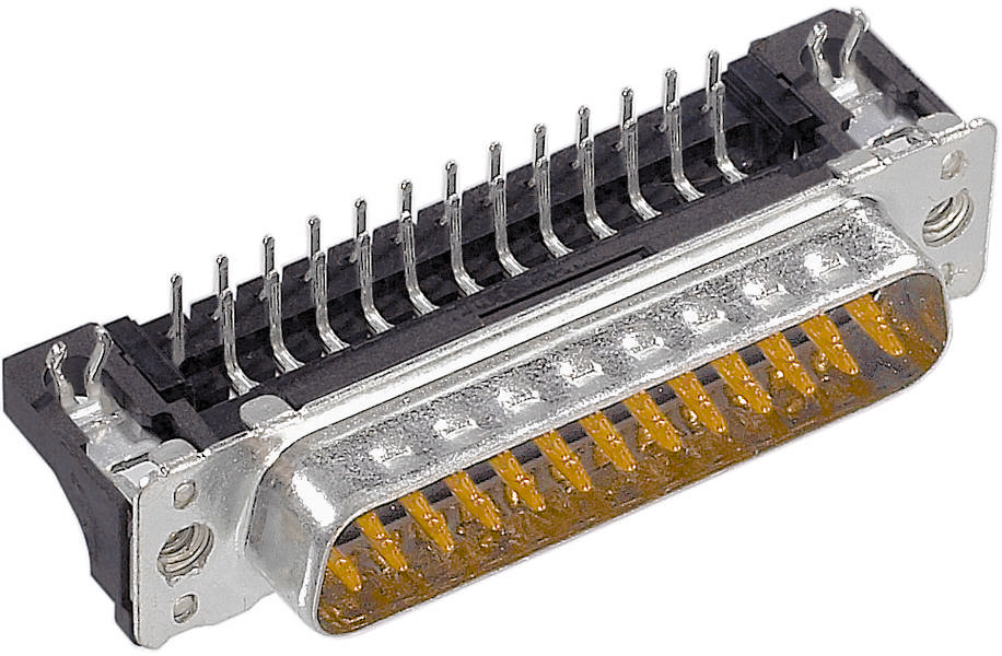 Ein Metallstecker mit mehreren vergoldeten Pins, verwendet für elektronische Verbindungen.