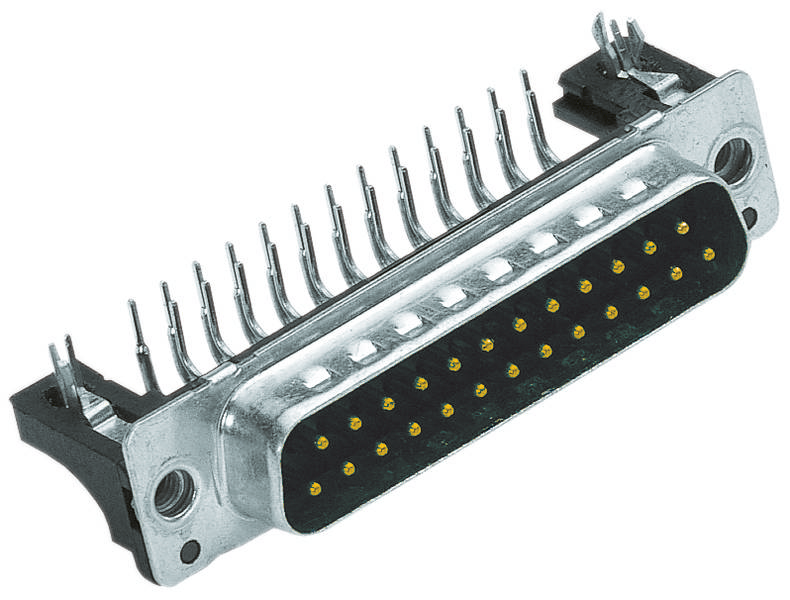 Steckverbinder mit 25 Pins in zwei Reihen; silbernes Metallgehäuse; dient zur Verbindung elektronischer Geräte.
