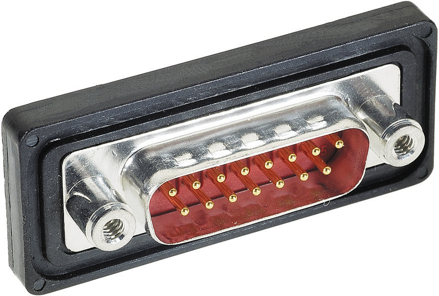 Nahaufnahme eines D-Sub-Steckers mit 15 Pins, üblicherweise für elektronische Verbindungen und Computeranwendungen verwendet.