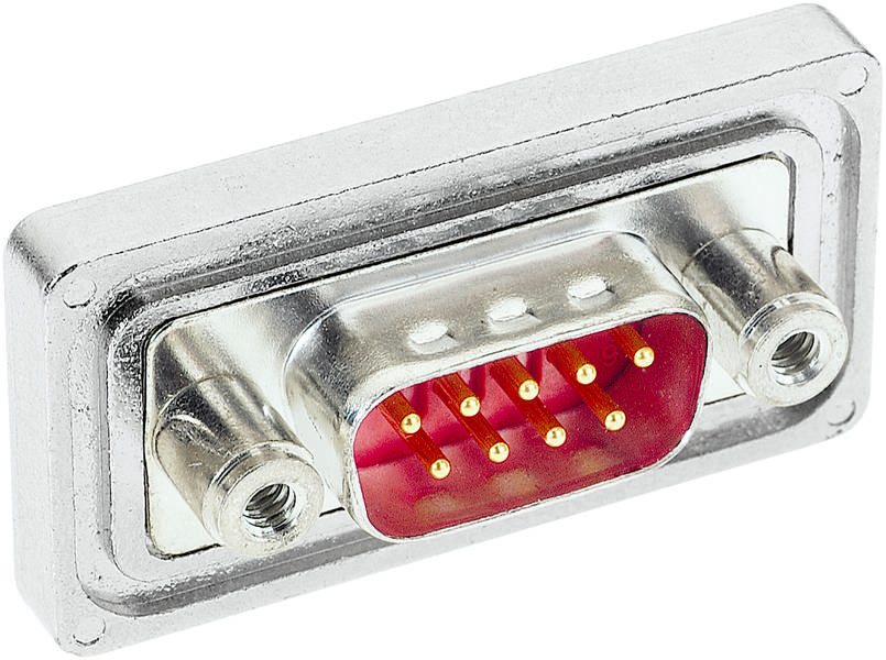 Ein silberner D-Sub-Steckverbinder mit neun goldenen Stiften und zwei Befestigungsbohrungen zur Montage in technischen Geräten.