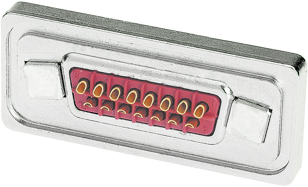 Ein DB15-Stecker mit 15 goldenen Stiften in drei Reihen auf rotem Untergrund, eingesetzt in einem rechteckigen Metallgehäuse.
