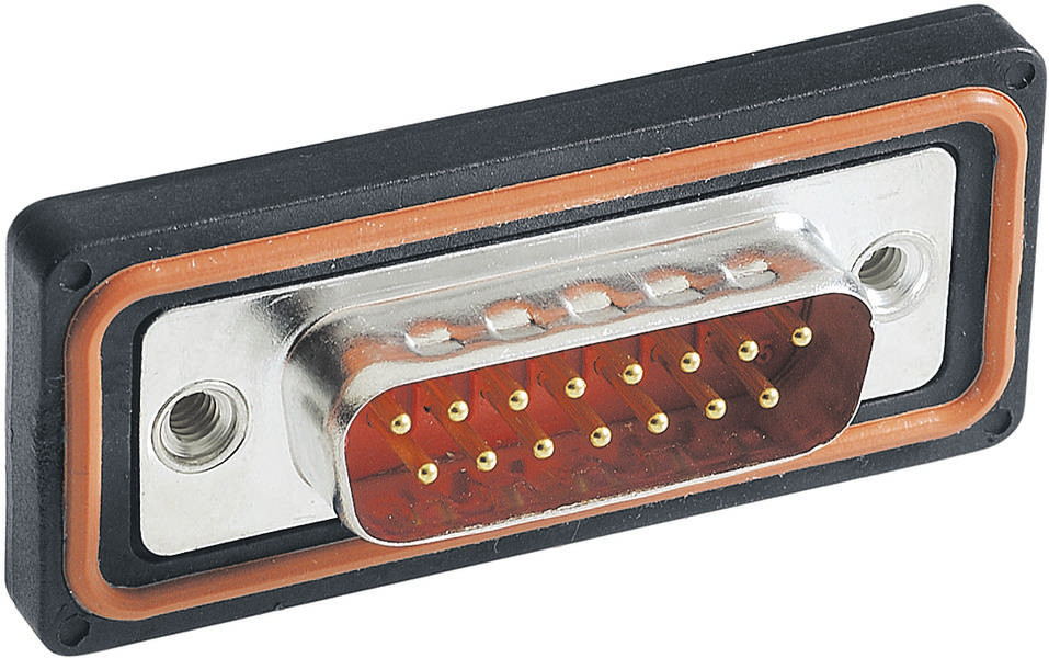 Ein DB15-Stecker, rechteckig mit zwei Schraubbefestigungen, wird zur Verbindung von Geräten wie Computern und Monitoren verwendet.