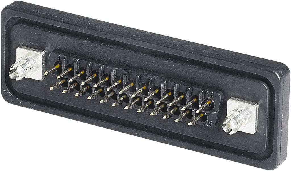 Ein schwarzer D-Sub-Stecker mit 17 Pins und Befestigungsschrauben an den Enden zur Verbindung von elektronischen Geräten.