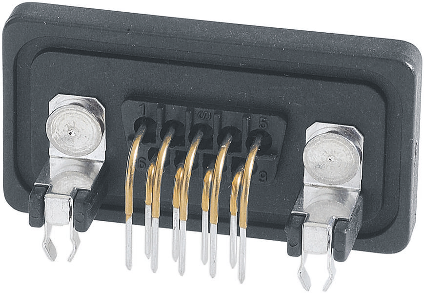 Ein schwarzer rechteckiger elektronischer Bauteil mit sechs goldenen und zwei silbernen Anschlussstiften, seitliche Befestigung.