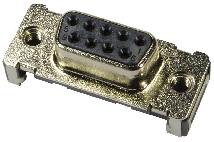 Neunpoliger D-Sub-Stecker, rechteckig, mit Metallgehäuse und zwei Montagebohrungen.