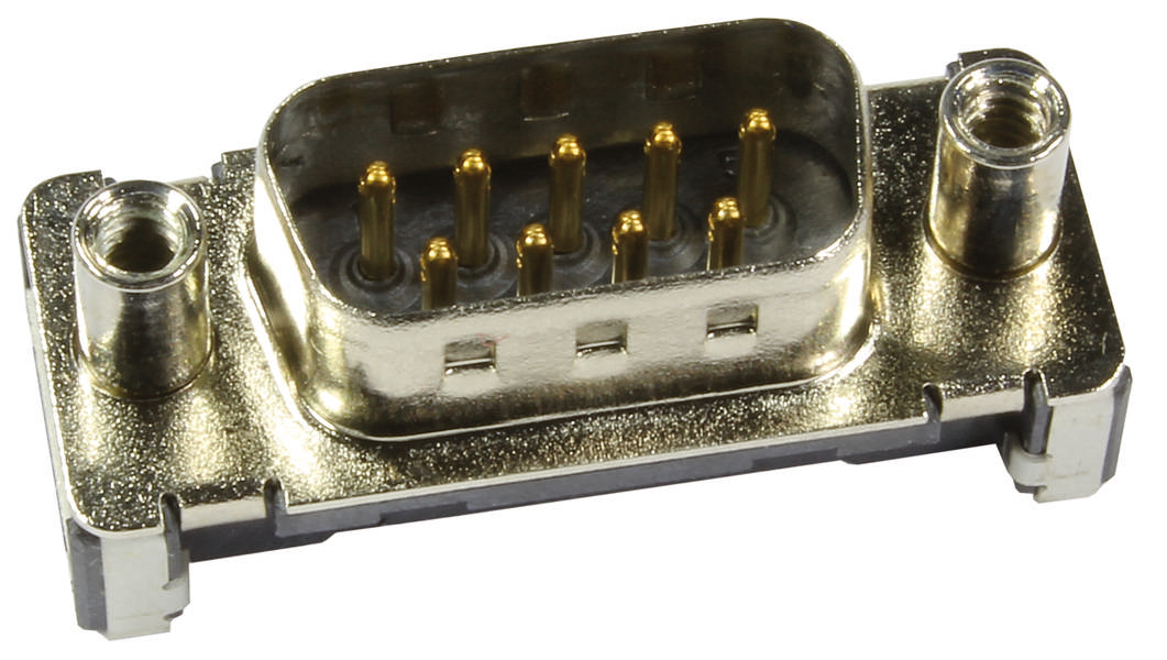 Ein männlicher D-SUB-Stecker mit goldenen Metallstiften, häufig für serielle Computerverbindungen verwendet.