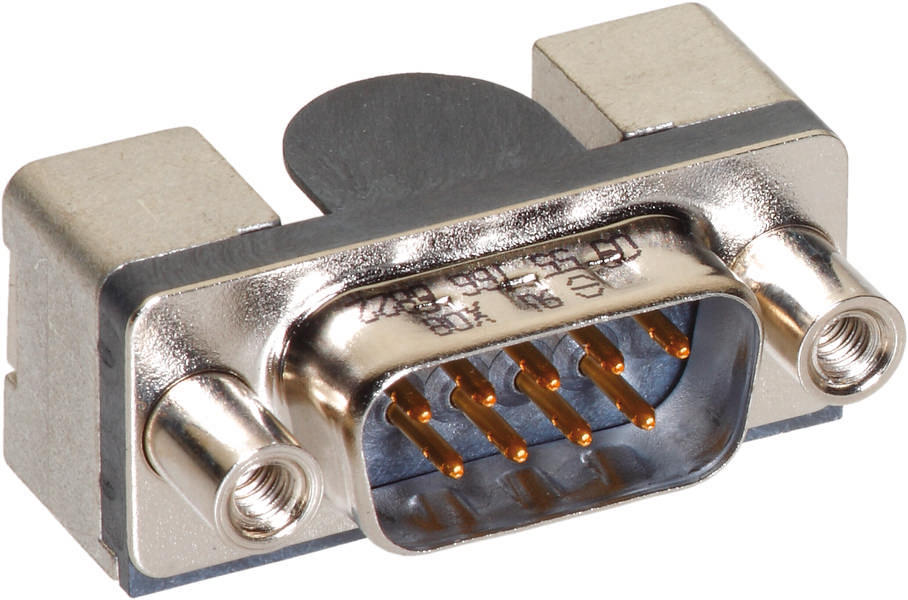 Ein silberfarbener 9-poliger D-Sub-Steckverbinder mit metallischer Hülle und Schraubbefestigungen, geeignet für serielle Verbindungen.